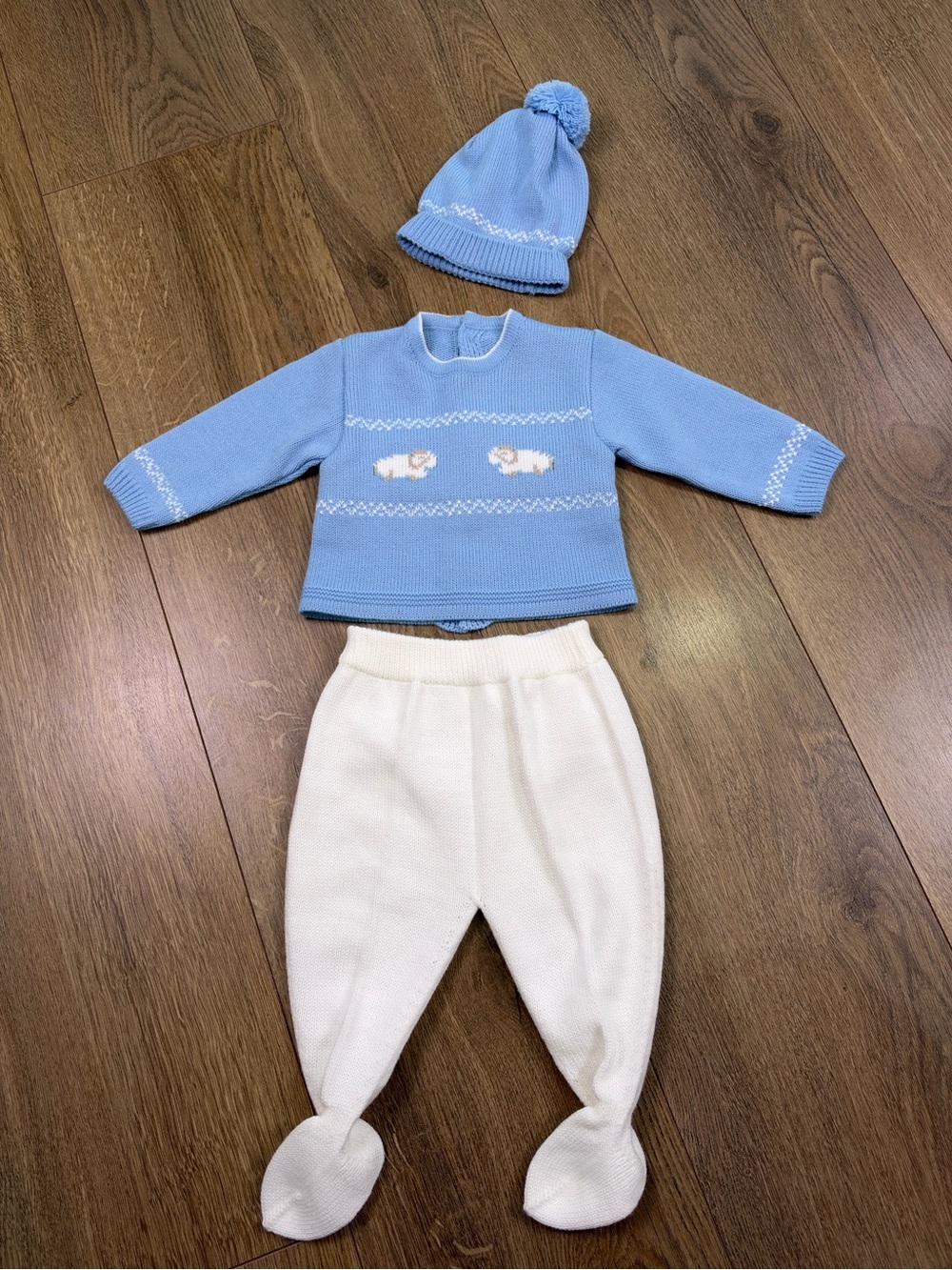 Vintage Bonbon Baby Spanish Knit Sheep Sweater Footed Pants Hat 3pc Set Newborn